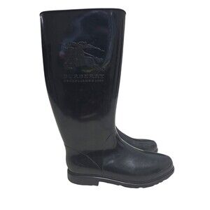 Burberry Classic Plaid Interior Black Glossy Rubber Rain Boots Size 37